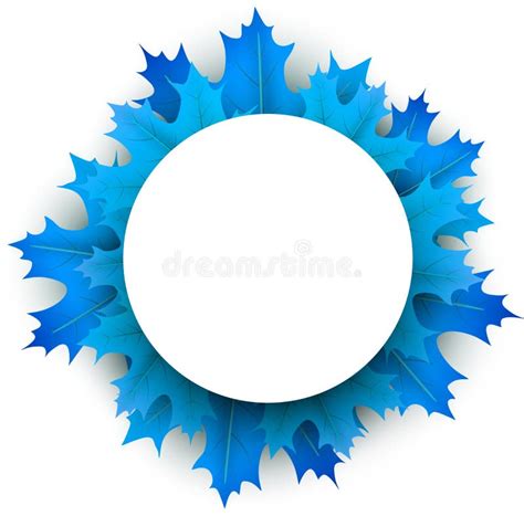 Blue Autumn Background With Round Frame And Colorful Leaves Stock