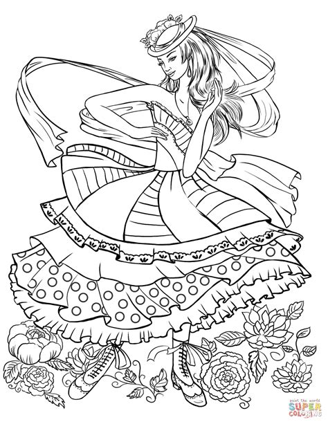 Girl Dancing In A Vintage Fashion Clothing Coloring Page Free