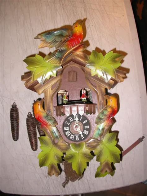 Vintage Germany Dancer Musical Cuckoo Clock Birds Maple Leaves Painted