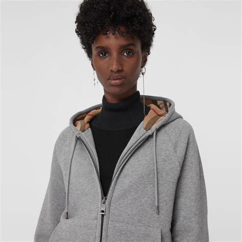Hooded Zip Front Cotton Blend Sweatshirt In Pale Grey Melange Women