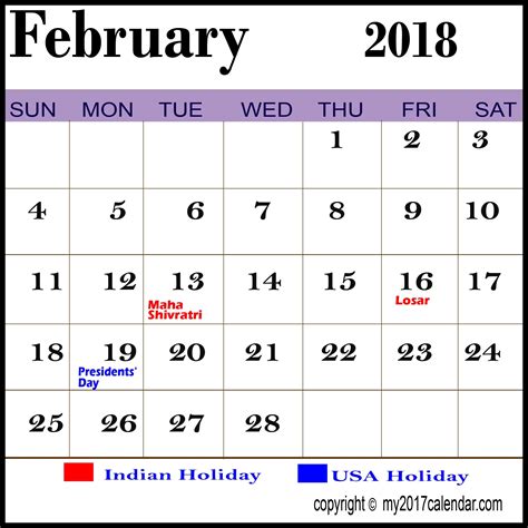 February 2018 Calendar With Holidays Usa Template Calendar Design