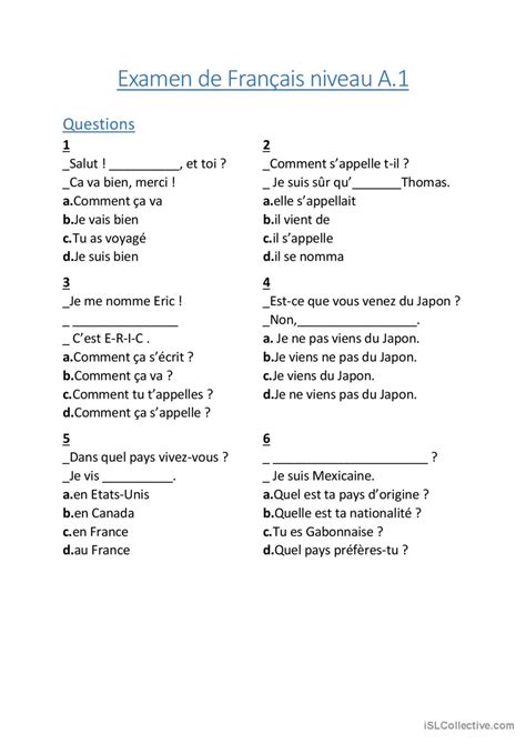 Examen de français A1 compréhension Français FLE fiches pedagogiques