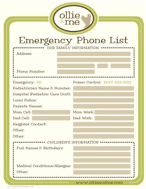 Free Printable Emergency Contact List For Kids Tedy Printable Activities