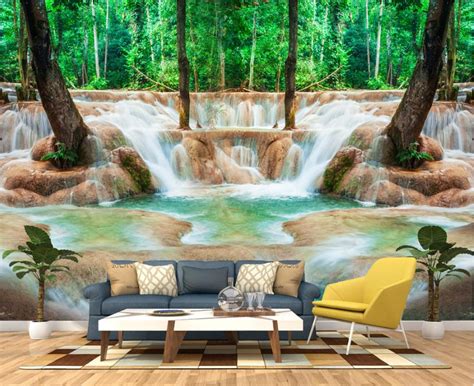 Custom Photo Wallpaper Living Room Forest Waterfall 3d