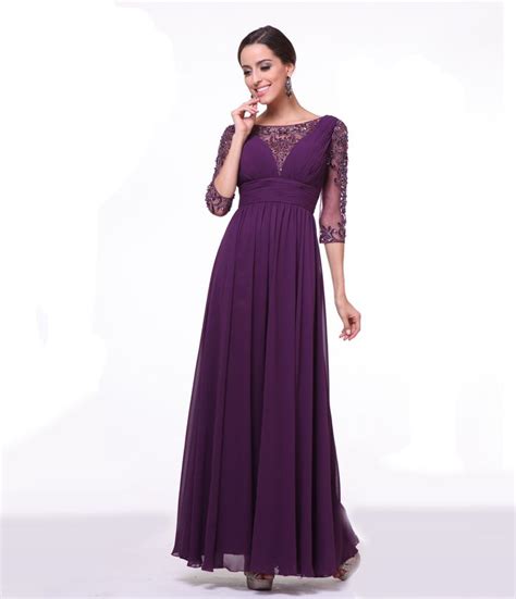 Eggplant Sleeved And Embellished Chiffon Gown 2015 Prom Dresses Mother