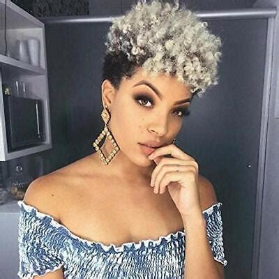 Short Afro Kinky Curly Synthetic Wigs Grey Mixed Black Pixie Cut Wig For Women Ebay