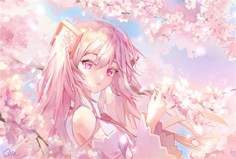 Cherry Blossoms Close Flowers Hatsune Miku Pink Eyes Pink Hair Qie