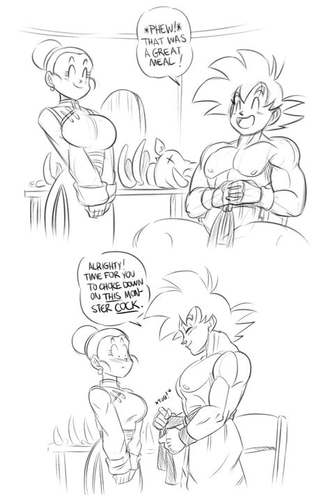 Rule 34 Black Hair Blush Breasts Chichi Couple Dragon Ball English Text Excited