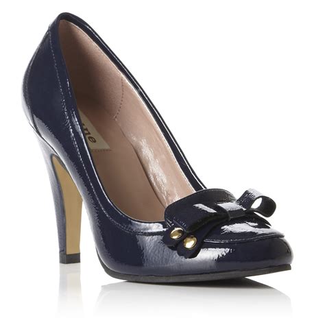 Dune Ladies Audiofly Womens Navy Blue Patent Bow Heeled Court Shoes
