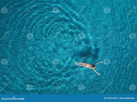 Aerial View Of Swimming Woman In Mediterranean Sea Stock Image Image