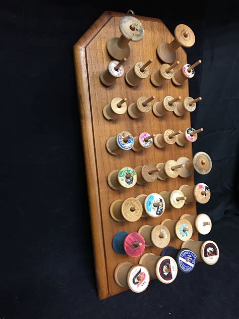 Vintage Wall Mount 30 Thread Spool Holder With 30 Wooden Spools