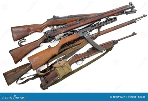 Antique Firearms Weapons Rifles Machine Guns Isolated On White Stock