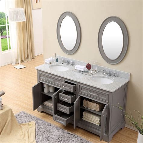 White (light gray?) cabinets support sand beige stone tops that seamlessly bathroom idea: Derby 60 | Double sink bathroom, Bathroom vanity tops ...
