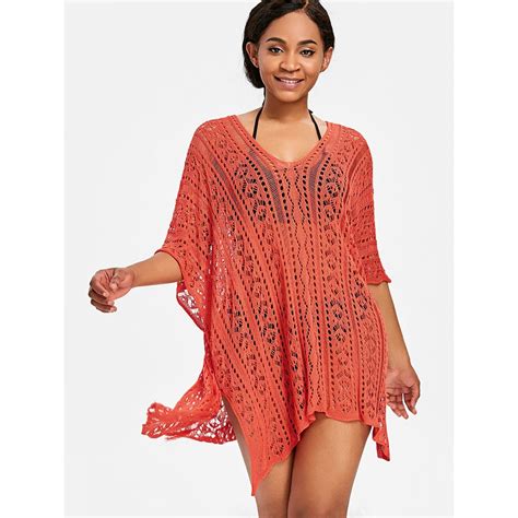 Rosegal Asymmetric Knitted Beach Cover Up Sexy Women Mesh Cover Up V Neck Swimsuit Covers Up