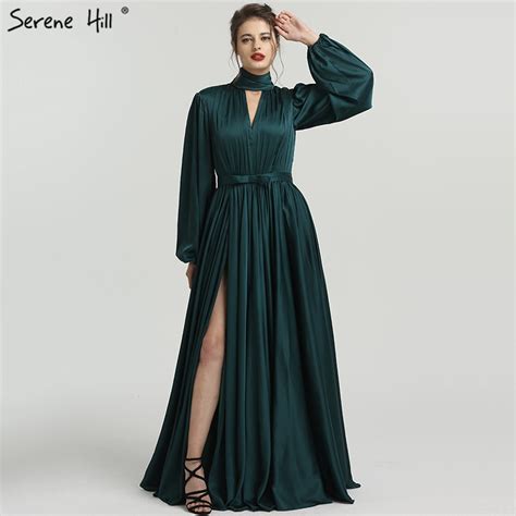 Muslim Long Sleeve Green Silk Formal Evening Party Prom Gown Dress Robe