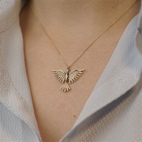 14k Gold Dainty Phoenix Necklace Gold Bird Pendant Firebird Etsy