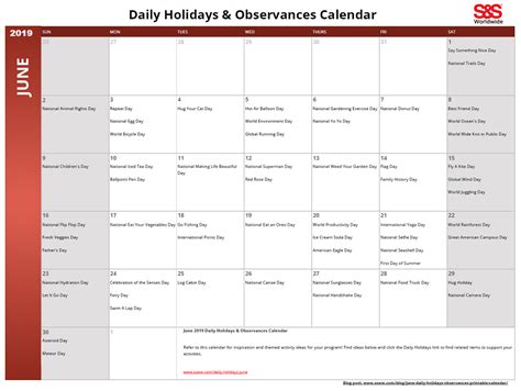 June Daily Holidays And Observances Printable Calendar Sands