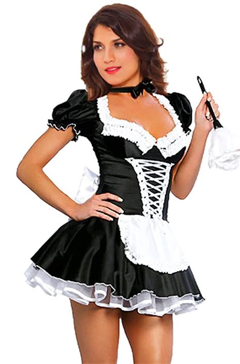 Jj Gogo Womens French Maid Costume Sexy Black Satin Halloween Fancy