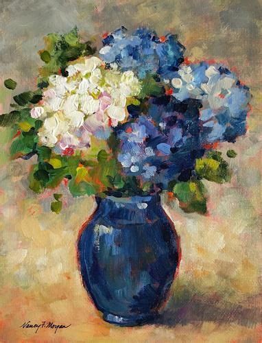 A Painting Of Blue And White Flowers In A Vase