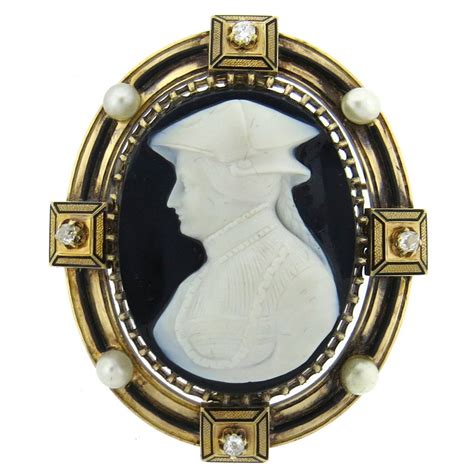 Fine Antique Gold Natural Pearl Hardstone Cameo Diamond Brooch For Sale