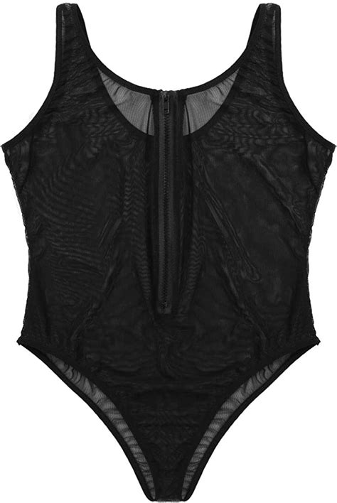 iiniim women s sexy mesh sheer see through bodysuit one piece lingerie front zipper