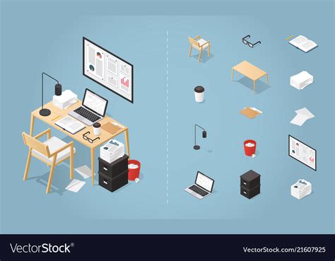 Isometric Office Desk Set Royalty Free Vector Image