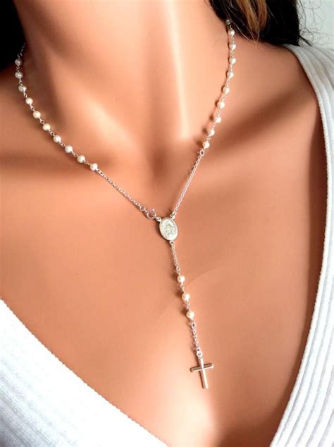 Pearl Rosary Necklace Women Cross Silver Rosaries Sterling Etsy