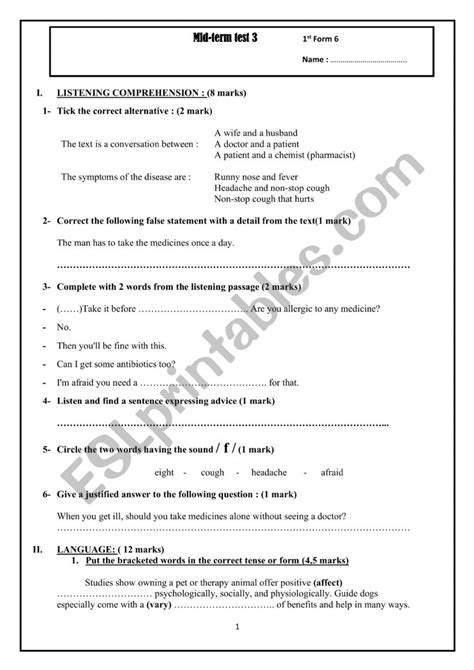 Mid Term Test 3 1st Form Esl Worksheet By Dream523