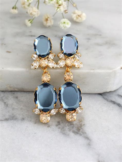 Bridal Blue Navy Earrings Dark Blue Drop Earrings Crystal Etsy Australia