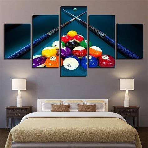 A Pool Table With Billiards And Cues Multi Panel Canvas Wall Art