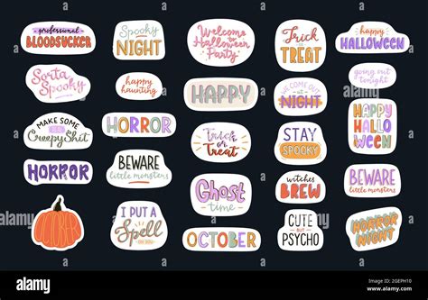 Collection Of Cute Halloween Typography Stickers Hand Drawn Catchy