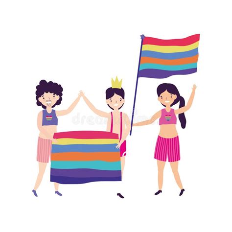 Pride Parade Lgbt Community Group Men And Women Happy With Rainbow Flags Stock Vector