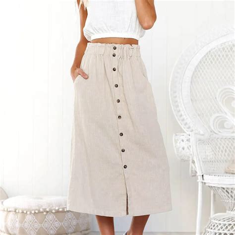 2018 fashion summer cute solid beige button mid calf women skirt streetwear women long skirts