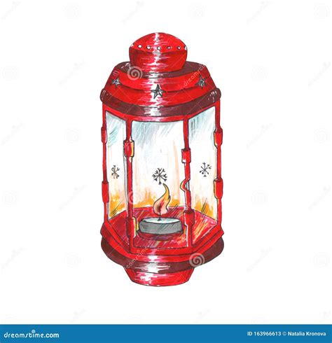 Watercolor Traditional Red Lantern With Candle Hand Painted Christmas