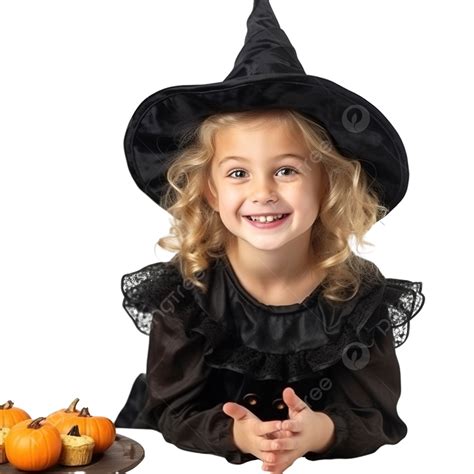 Portrait Of A Happy Little Girl Dressed As A Witch For Halloween Home