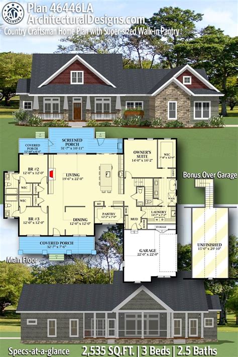 Plan 46446la Country Craftsman Home Plan With Super Sized Walk In