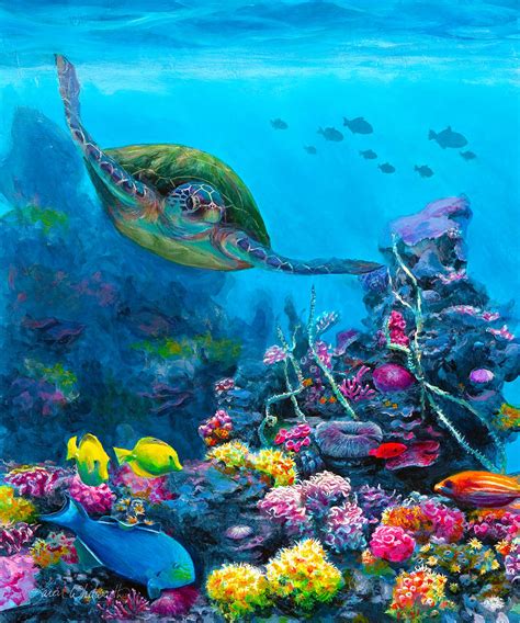 Secret Sanctuary Hawaiian Green Sea Turtle And Reef Painting By R