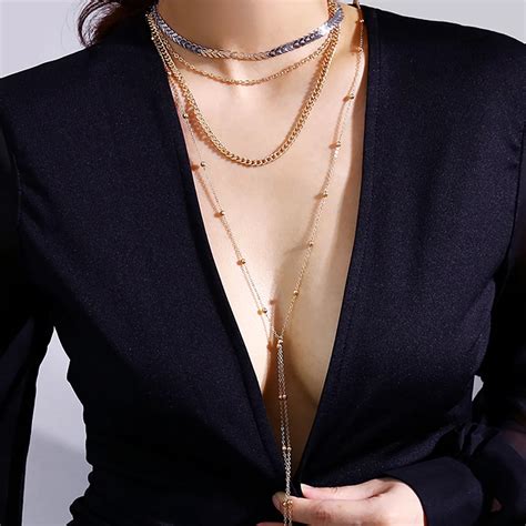 Fashion Gold Silver Color Multilayer Chain Women Necklace Metal Strip Pendant Long Necklaces