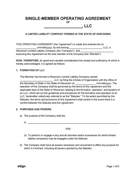 Free Wisconsin Single Member Llc Operating Agreement Form Pdf Word