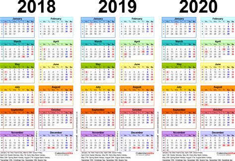 Three Year Calendars For 2018 2019 And 2020 Uk For Excel