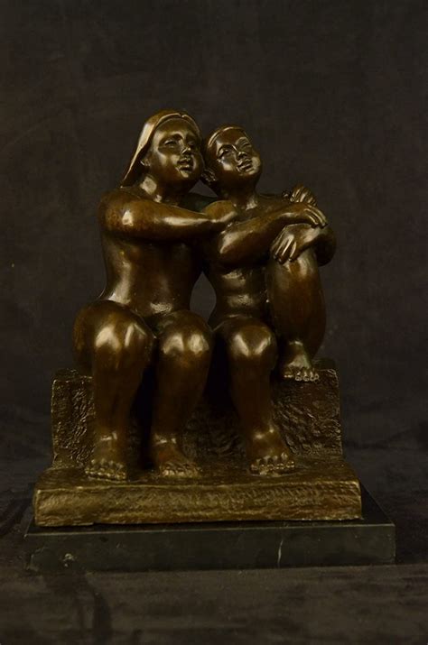 Handmade European Bronze Sculpture Signed Botero Lesbian Couple Abstract Modern Art Marble