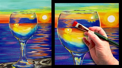 Sunset Reflected In A Glass Easy Beginner Painting Tutorial 🍷🌆 The