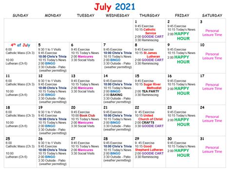 July Calendar 2021 Four Winds Manor Skilled Care Assisted Living Memory Care And