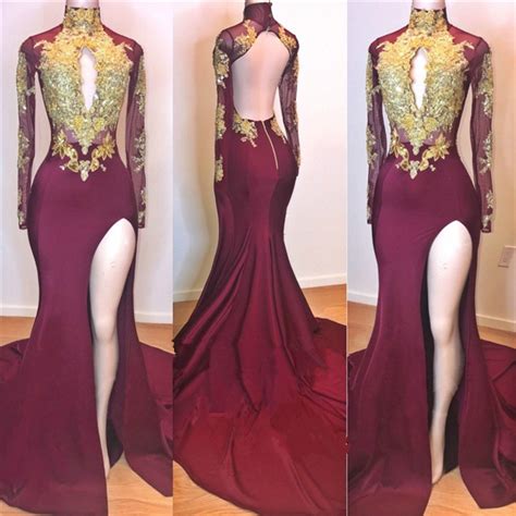 long sleeve burgundy prom dresses 2023 mermaid gold evening gowns on storenvy