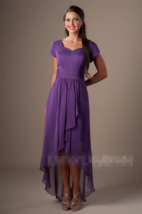 Eggplant Purple High Low Modest Bridesmaid Dresses Short Sleeves Short