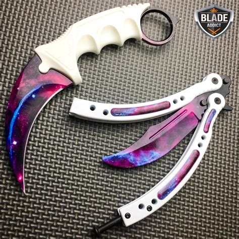 2pc Csgo White Galaxy Karambit Fixed Blade Butterfly Balisong Trainer