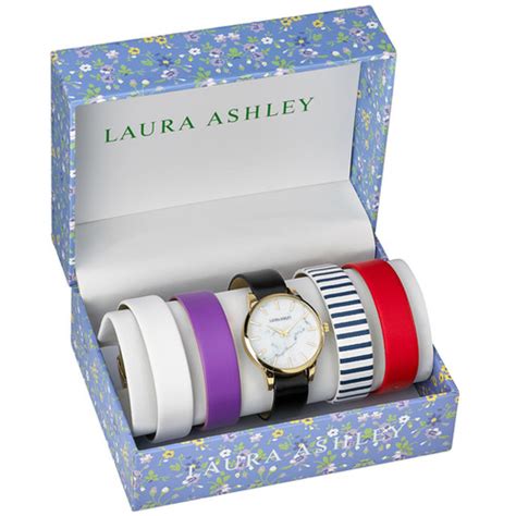 Laura Ashley Womens Case Solid Strap Watch Set 5 Interchangeable
