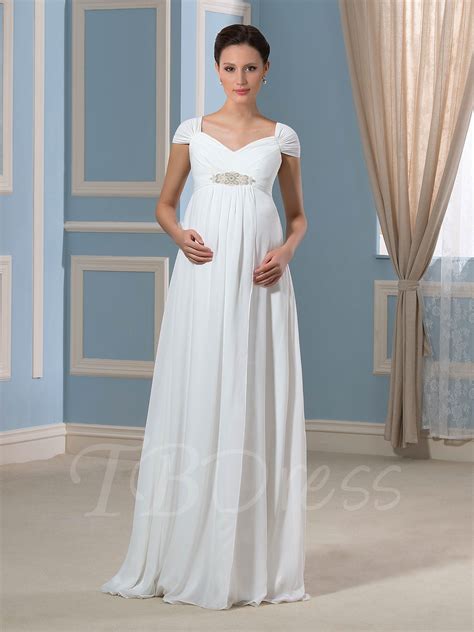 chiffon empire waist pearls crystal maternity wedding dress pregnant wedding