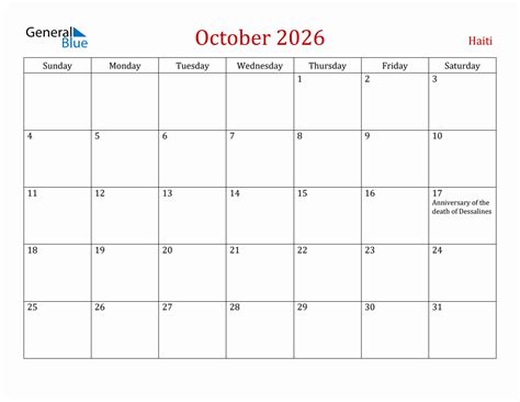 October 2026 Haiti Monthly Calendar With Holidays