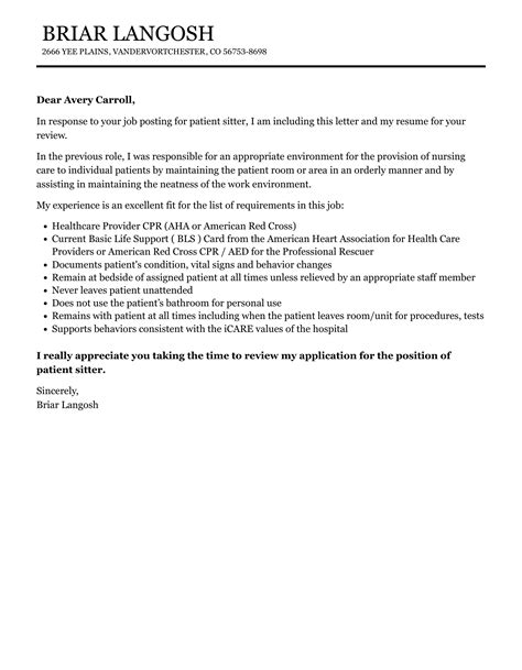 Patient Sitter Cover Letter | Velvet Jobs
